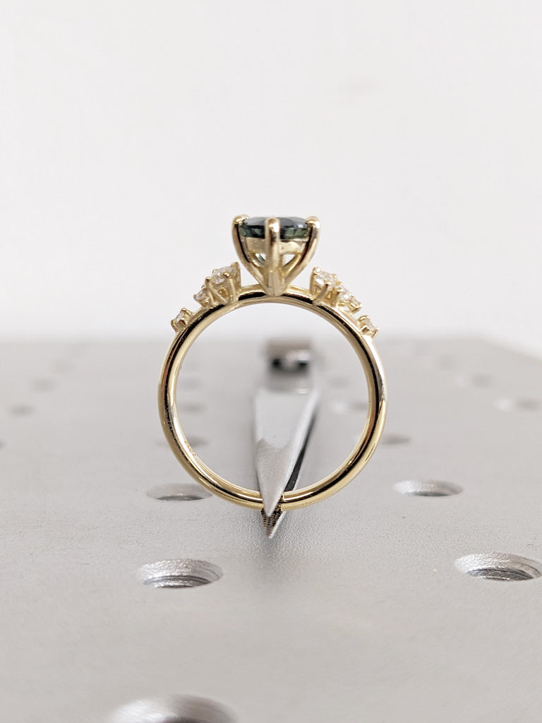 1.5ct Teal Sapphire Engagement Ring, Oval 14k Solid Gold Ring, Moissanite, Diamond Cluster Ring