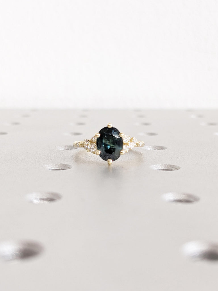 1.5ct Peacock Sapphire Ring, Oval Engagement Ring, Art Deco 14k Yellow Gold Diamond Cluster Anniversary Ring, Montana Sapphire Gemstone Ring