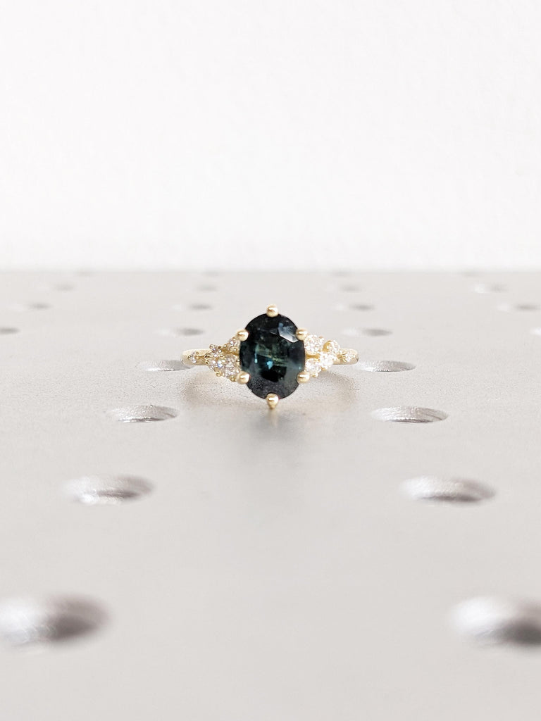 1.5ct Teal Sapphire Engagement Ring, Oval 14k Solid Gold Ring, Moissanite, Diamond Cluster Ring