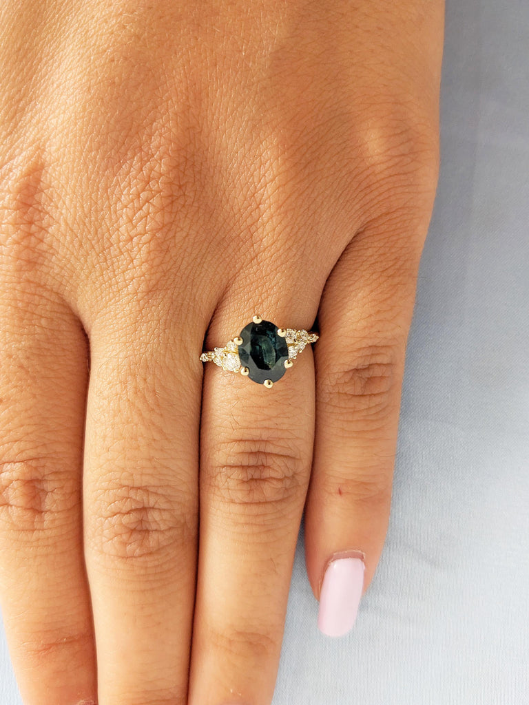 1.5ct Teal Sapphire Engagement Ring, Oval 14k Solid Gold Ring, Moissanite, Diamond Cluster Ring