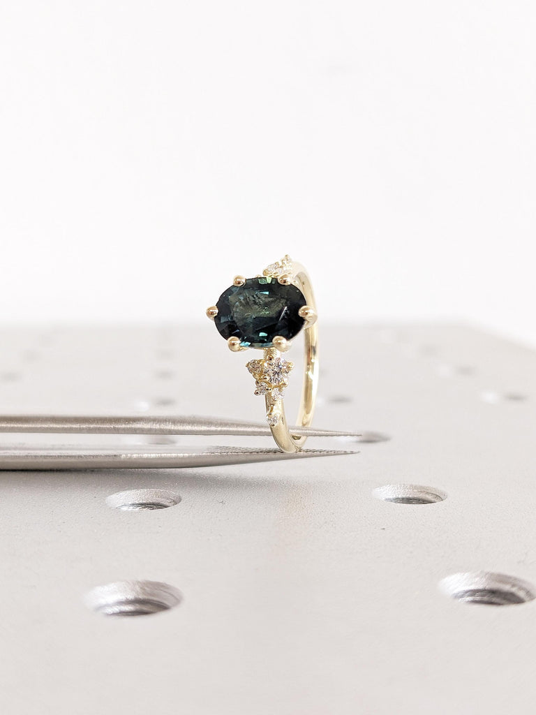 1.5ct Teal Sapphire Engagement Ring, Oval 14k Solid Gold Ring, Moissanite, Diamond Cluster Ring