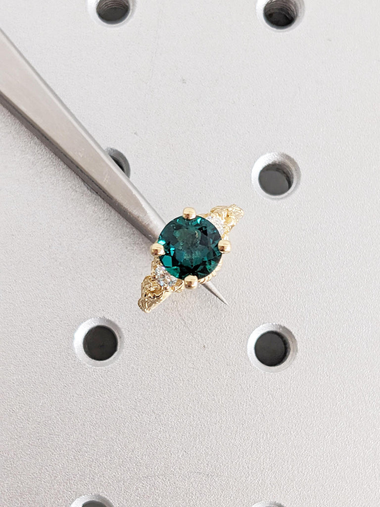 18k Solid Gold Engagement Ring, Round Lab Emerald Ring, Nature Jewelry, Green Gemstone Ring image #2