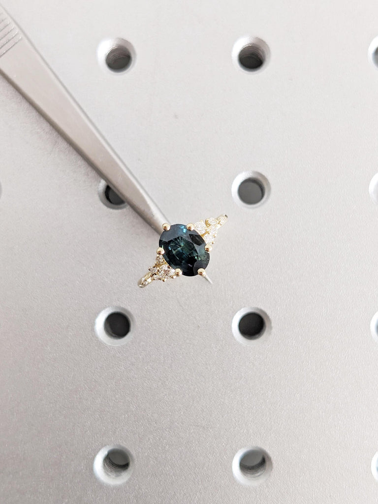 Oval 14k Solid Gold Ring, Moissanite, Diamond Cluster Ring