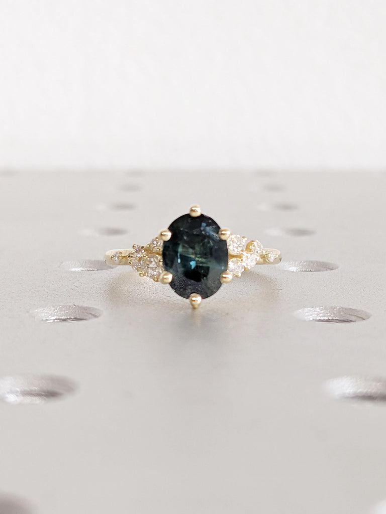 1.5ct Teal Sapphire Engagement Ring, Oval 14k Solid Gold Ring, Moissanite, Diamond Cluster Ring