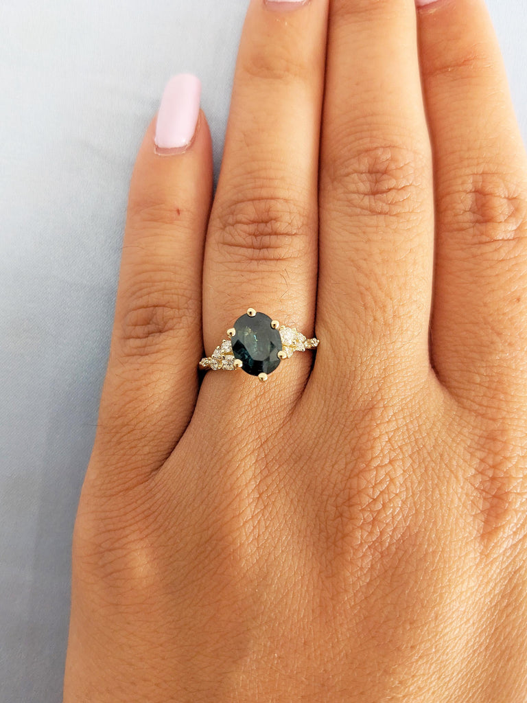 Diamond Cluster Anniversary Ring, Montana Sapphire Gemstone Ring