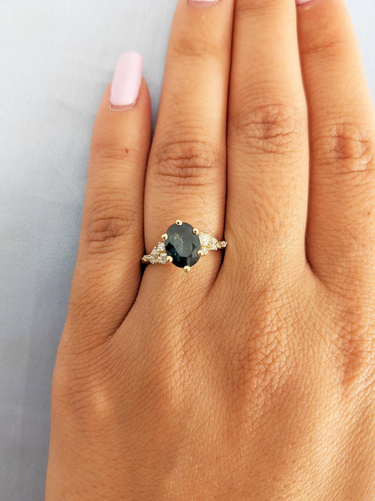 1.5ct Teal Sapphire Engagement Ring, Oval 14k Solid Gold Ring