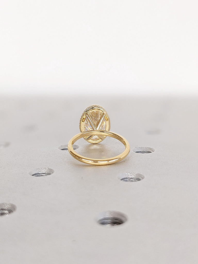 Oval Cut Moissanite Engagement Ring | 18K Yellow Gold Dainty Hidden Halo Wedding Ring | Bezel Set Art Deco Solitaire Moissanite Ring for Her
