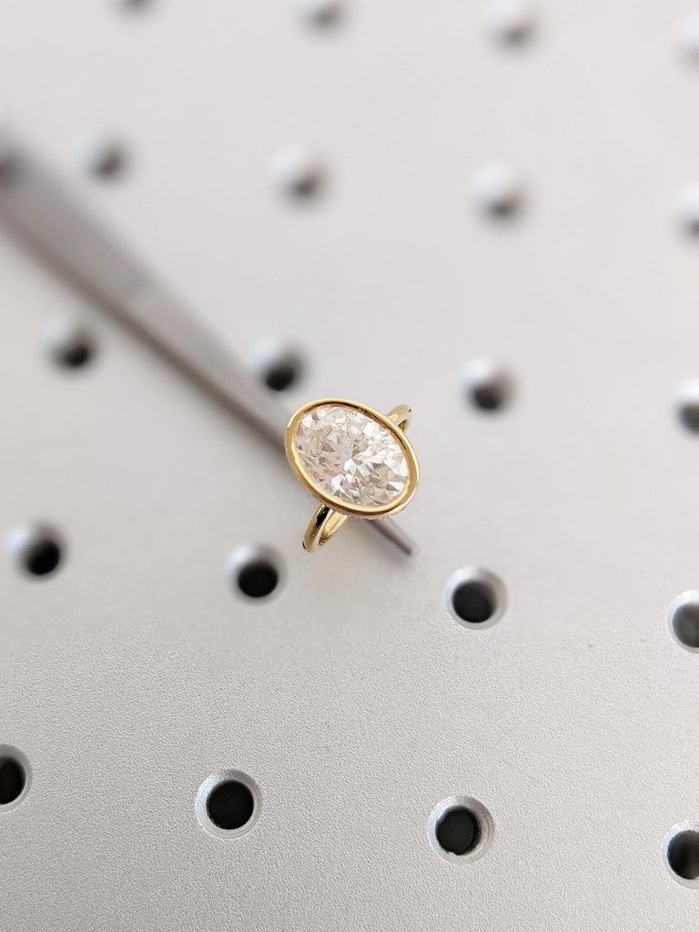 Modern Lab Grown Diamond Solitaire Engagement Ring, Oval Cut Lab Diamond Wedding Band in 18K Yellow Gold, Bezel Set Hidden Halo Bridal Ring