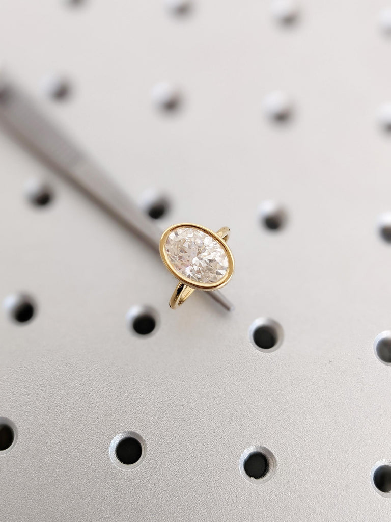 Oval Cut Moissanite Engagement Ring | 18K Yellow Gold Dainty Hidden Halo Wedding Ring | Bezel Set Art Deco Solitaire Moissanite Ring for Her