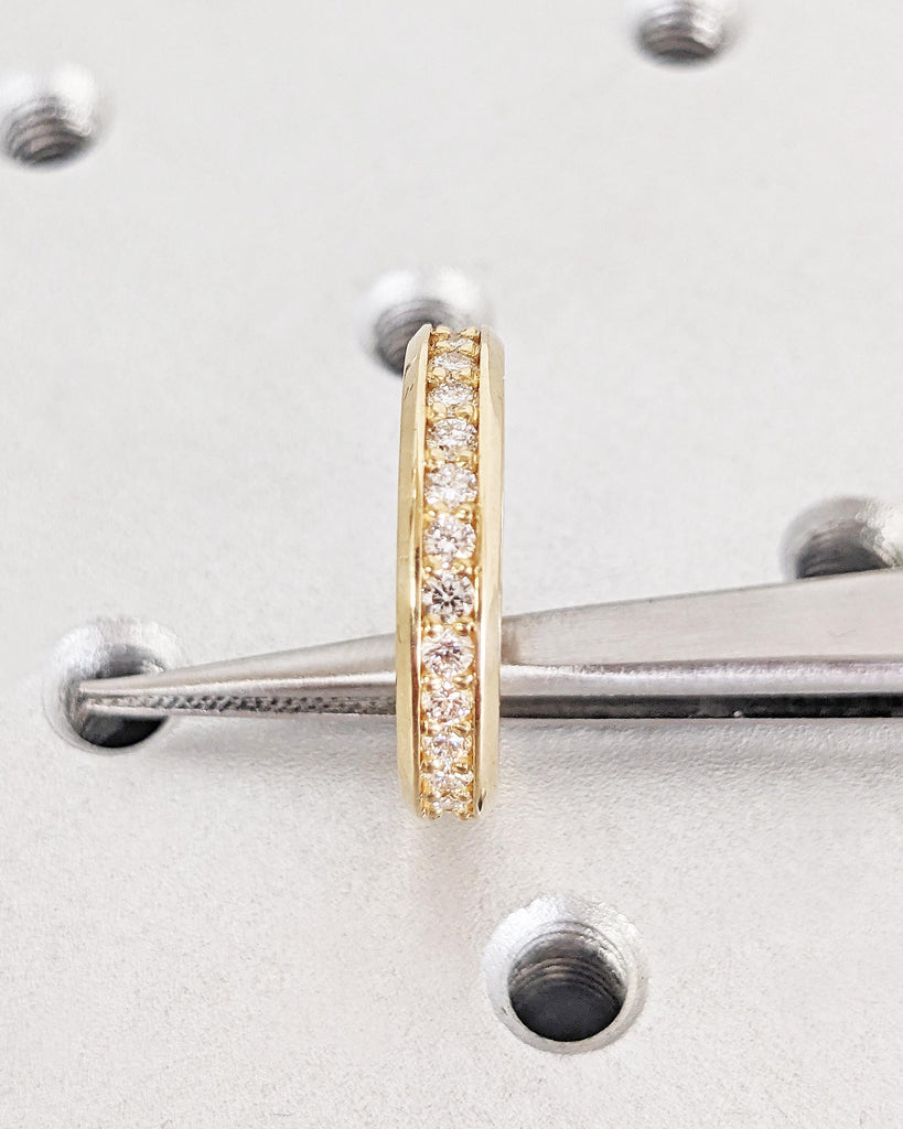 Channel Setting Wedding Ring, 4mm Wedding Band Men, Wedding Band Women, Moissanite or Diamond Eternity Ring, Yellow Rose White Gold Platinum