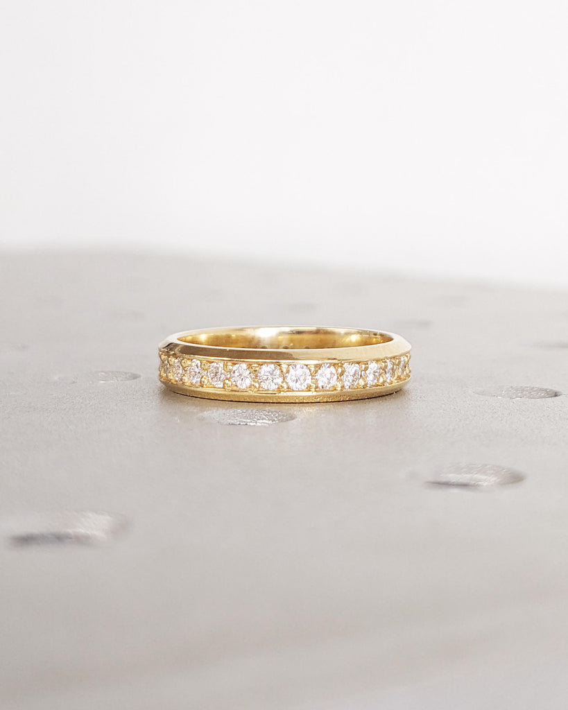 Round Cut Lab Grown Diamond Eternity Ring: 4mm Full Eternity Wedding Band, Channel Setting, Men’s or Women’s Stackable Ring, 18K Yellow Gold