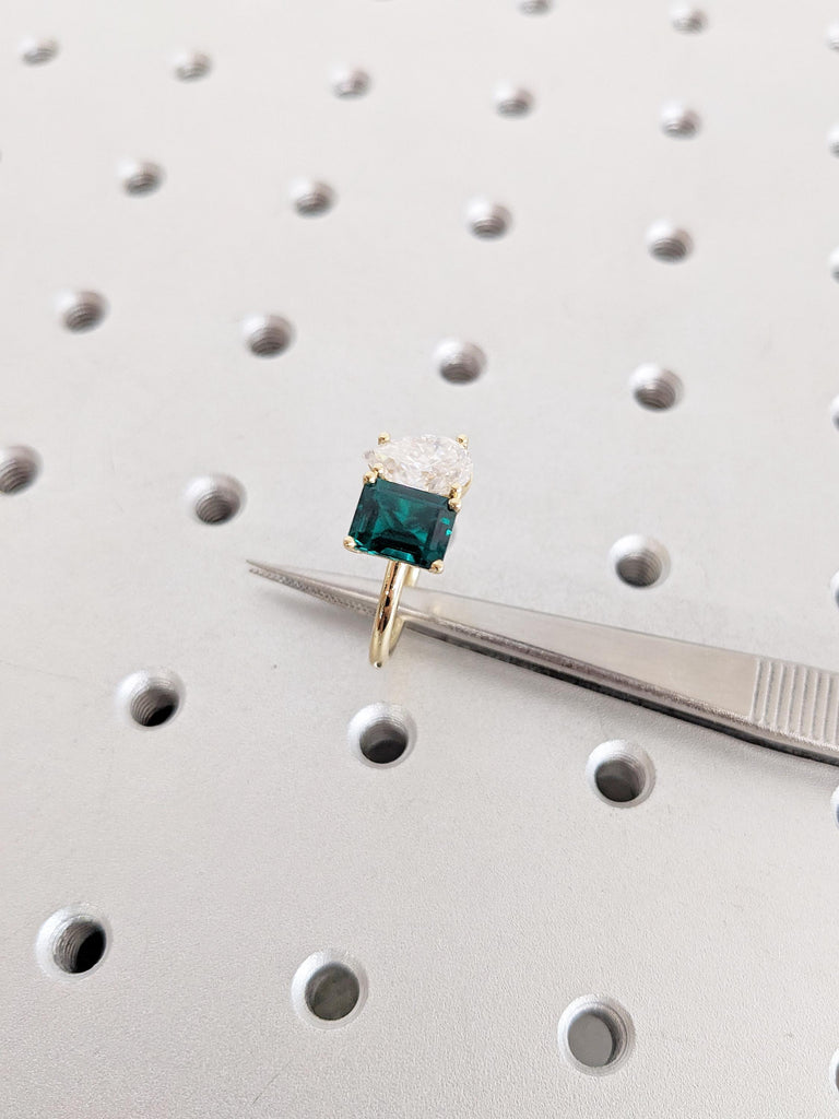Two Stone Ring, 14k Gold Engagement Ring, Emerald Cut Lab Emerald Ring, Pear Moissanite Ring