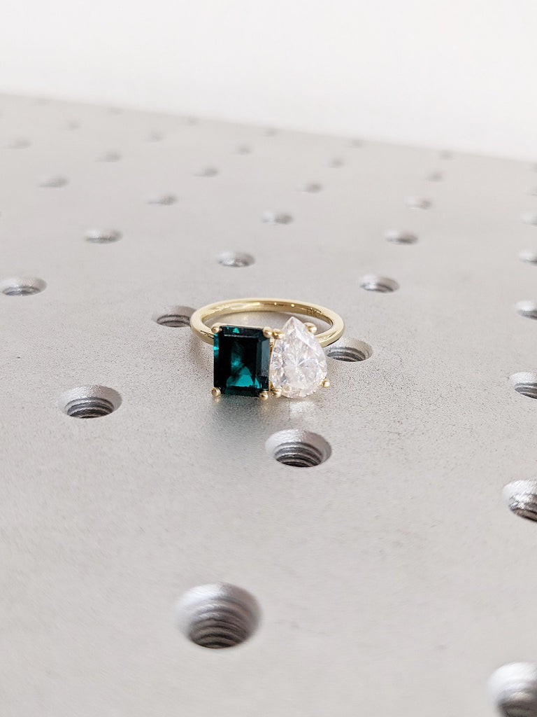 Toi et Moi Ring, 14k Yellow Gold Engagement Ring, Pear White Moissanite Ring, Emerald Cut Emerald Ring, Art Deco Wedding Ring, Bridal Ring