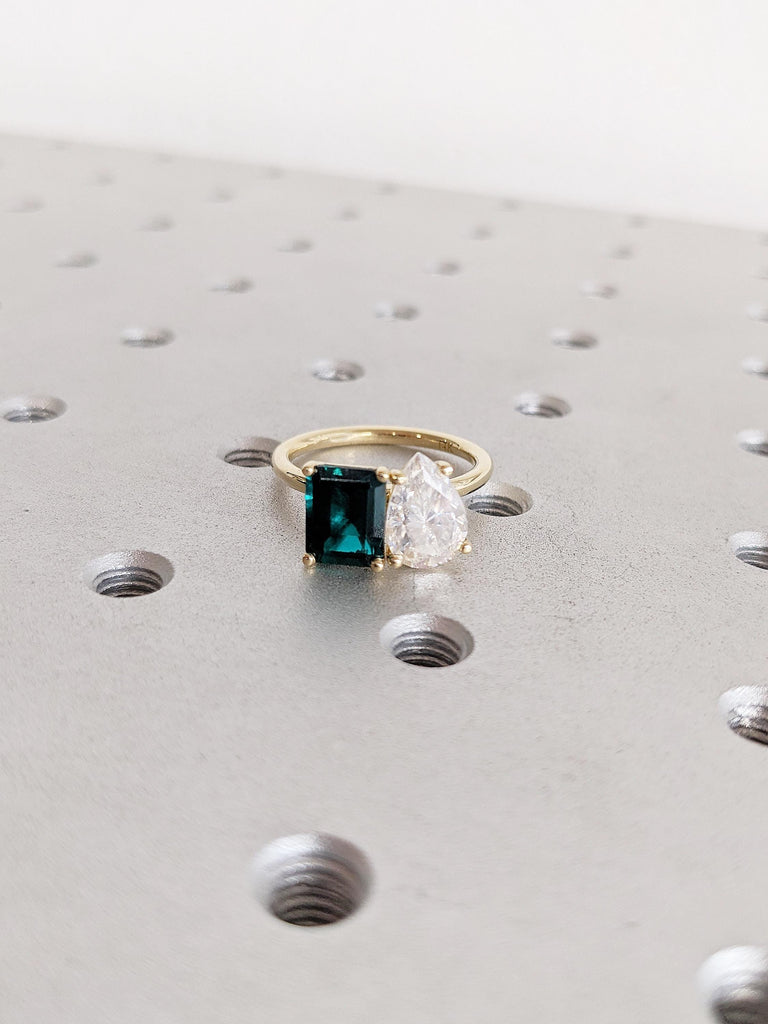 Two Stone Ring, 14k Gold Engagement Ring, Emerald Cut Lab Emerald Ring, Pear Moissanite Ring
