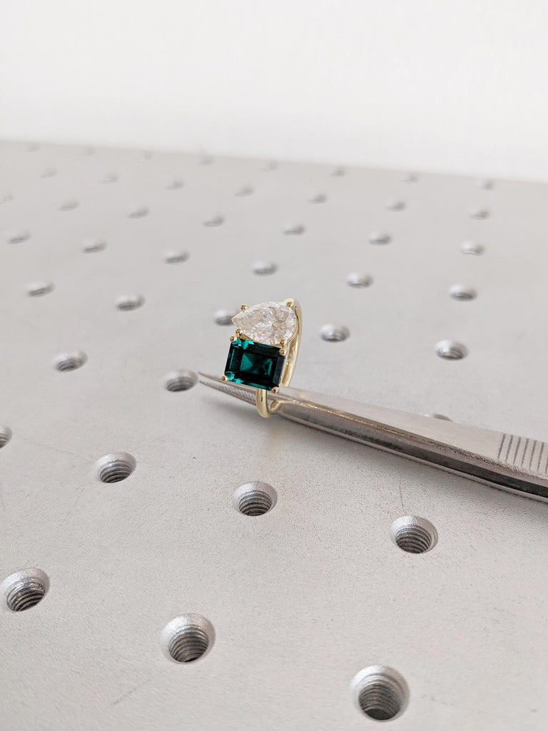 Toi et Moi Ring, 14k Yellow Gold Engagement Ring, Pear White Moissanite Ring, Emerald Cut Emerald Ring, Art Deco Wedding Ring, Bridal Ring