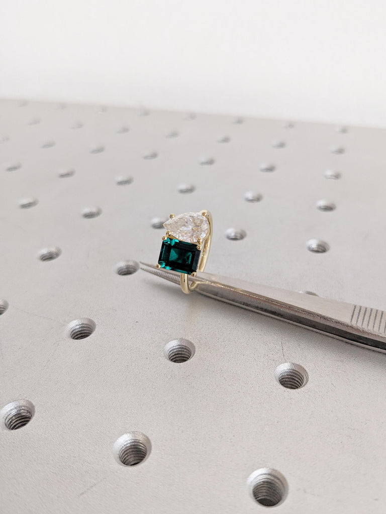 Two Stone Ring, 14k Gold Engagement Ring, Emerald Cut Lab Emerald Ring, Pear Moissanite Ring