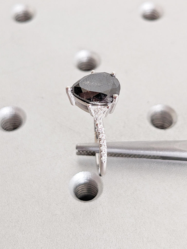 Salt and Pepper Diamond Ring, 14k White Gold Engagement Ring, Round, Trillion, Pear Cut Ring
