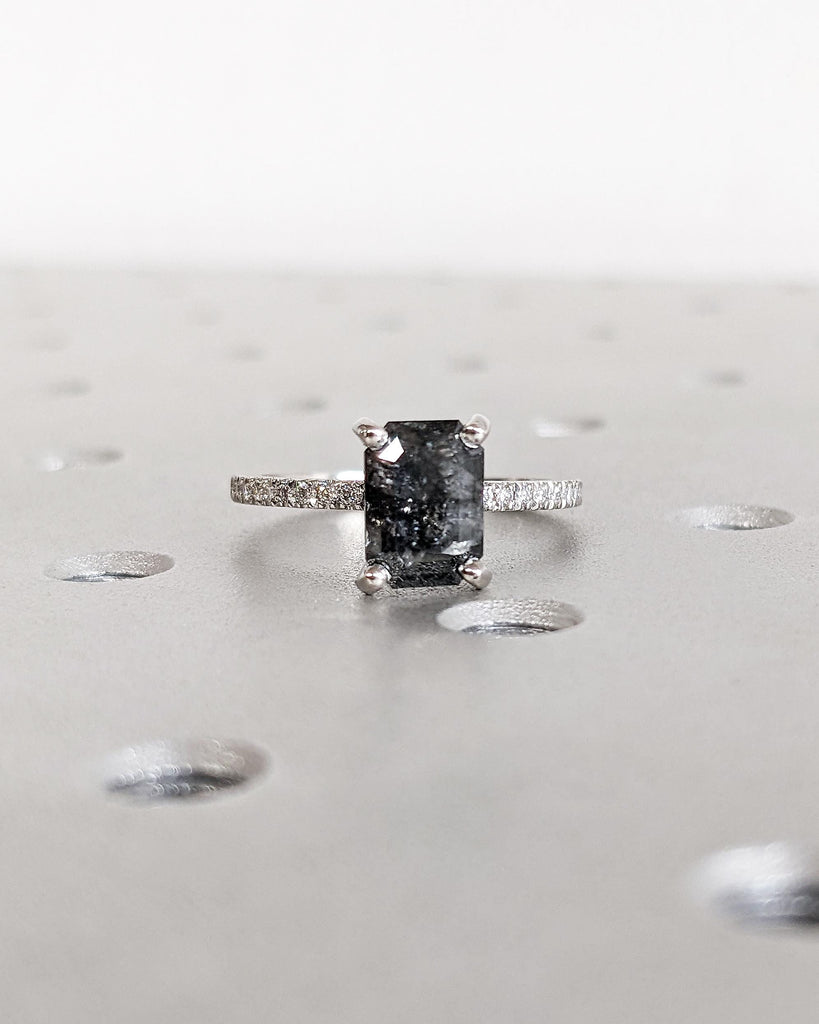 Emerald Cut Salt and Pepper Diamond Engagement Ring, Platinum or Gold Wedding Ring Diamond Eternity Band, Vintage Black Salt and Pepper Ring