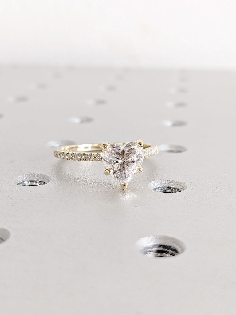 Heart Moissanite Engagement Ring | Pavé Band Half Eternity Ring | 14K Yellow Gold Solitaire Promise Ring | Unique Diamond Anniversary Ring
