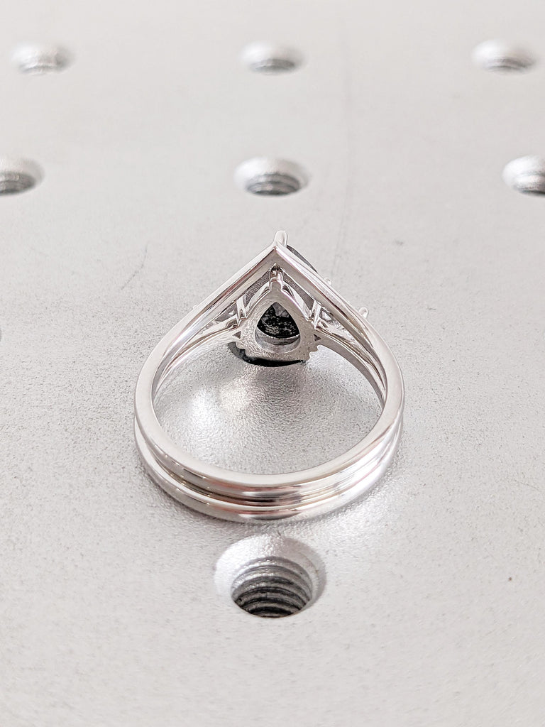 Vintage Salt and Pepper Diamond Engagement Ring Set, 14k White Gold Bridal Set Ring, Chevron Wedding Band, Pear, Trillion Cut Diamond Ring