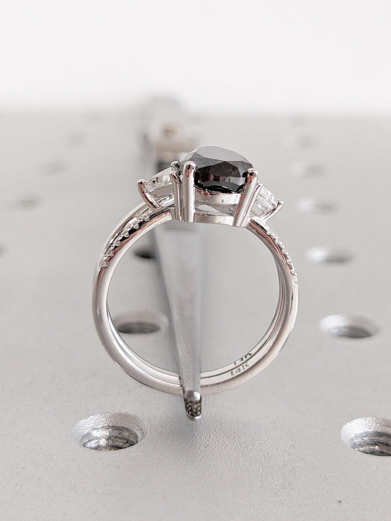 Vintage Salt and Pepper Diamond Engagement Ring Set, 14k White Gold Bridal Set Ring, Chevron Wedding Band, Pear, Trillion Cut Diamond Ring