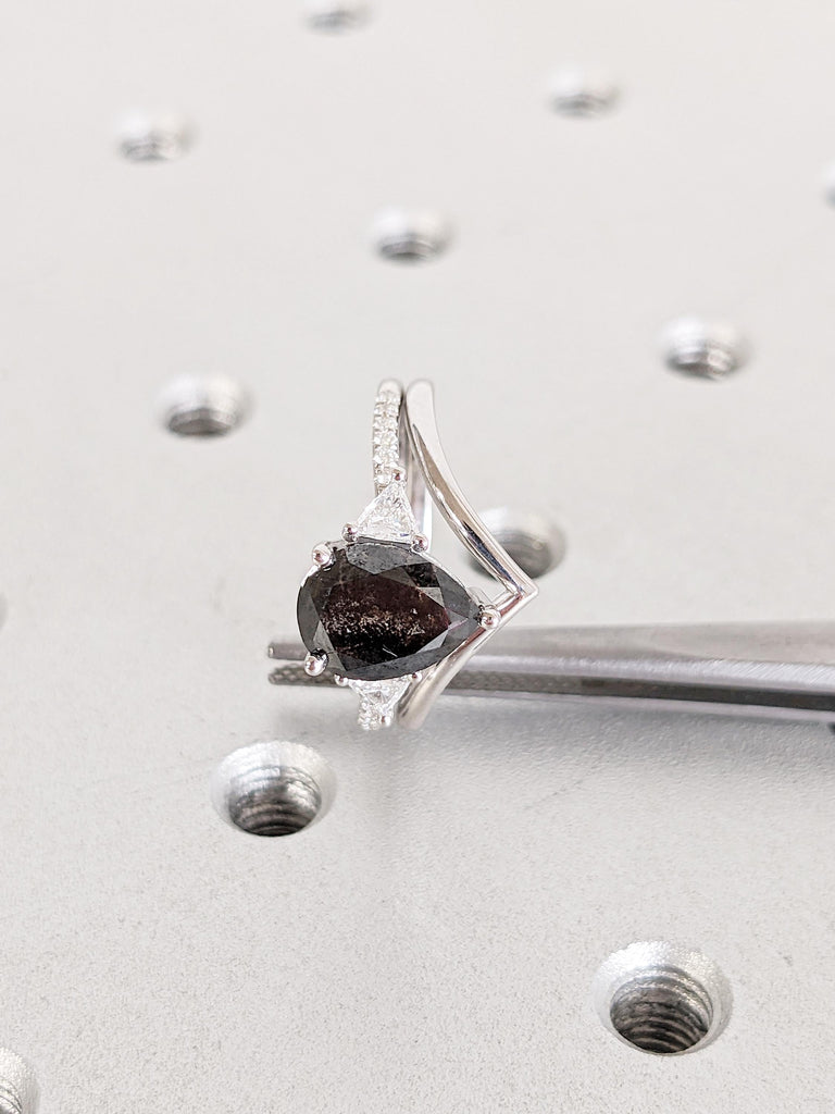 Unique Bridal Set Ring, Pear Engagement Ring, Salt and Pepper Diamond Ring, 14k Gold Wedding Ring Set, Chevron Matching Ring, Stackable Ring