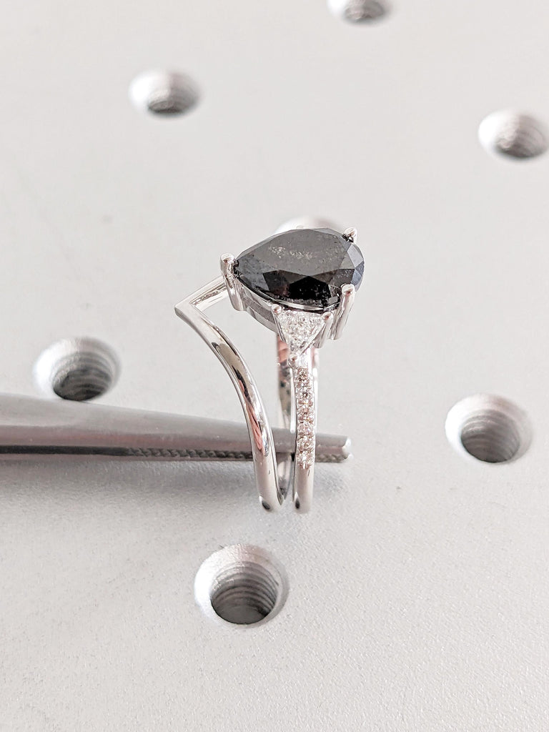 14k White Gold Bridal Ring Set, Salt and Pepper Diamond Ring, Pear Engagement Ring