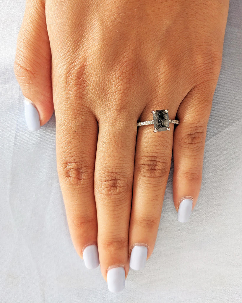 Emerald Cut Salt and Pepper Diamond Engagement Ring, Platinum or Gold Wedding Ring Diamond Eternity Band, Vintage Black Salt and Pepper Ring
