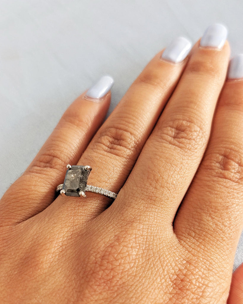 Vintage Salt and Pepper Diamond Engagement Ring | Platinum Engagement Ring | Diamond Eternity Ring | Wedding Bridal Anniversary Promise Ring
