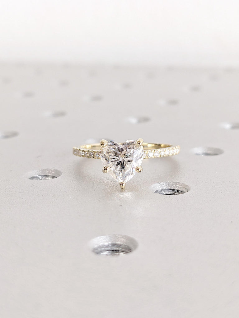Heart Moissanite Engagement Ring | Pavé Band Half Eternity Ring | 14K Yellow Gold Solitaire Promise Ring | Unique Diamond Anniversary Ring
