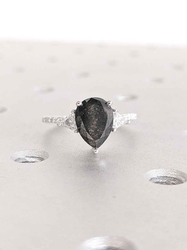 Vintage Salt and Pepper Diamond Engagement Ring Set, 14k White Gold Bridal Set Ring, Chevron Wedding Band, Pear, Trillion Cut Diamond Ring