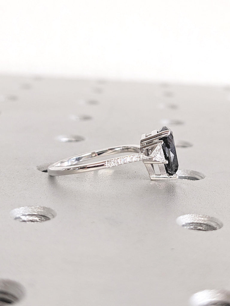 Unique Bridal Set Ring, Pear Engagement Ring, Salt and Pepper Diamond Ring, 14k Gold Wedding Ring Set, Chevron Matching Ring, Stackable Ring
