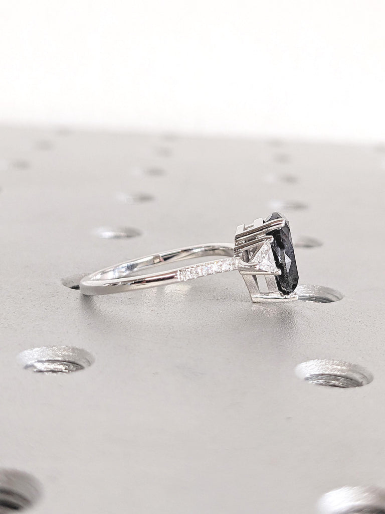 Unique Bridal Set Ring, Pear Engagement Ring, Salt and Pepper Diamond Ring, 14k Gold Wedding Ring Set, Chevron Matching Ring, Stackable Ring