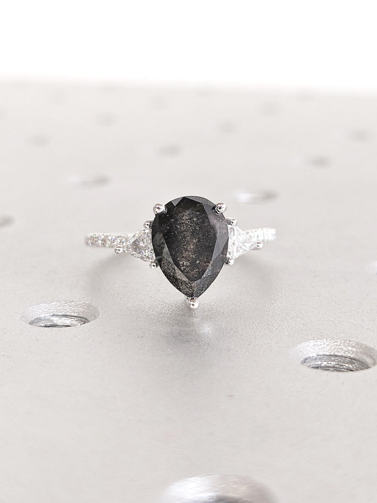 Pear Cut Salt and Pepper Diamond Engagement Ring, Trillion Cut Ring, 14k White Gold Promise Ring for Her, Vintage Diamond Ring, Bridal Ring