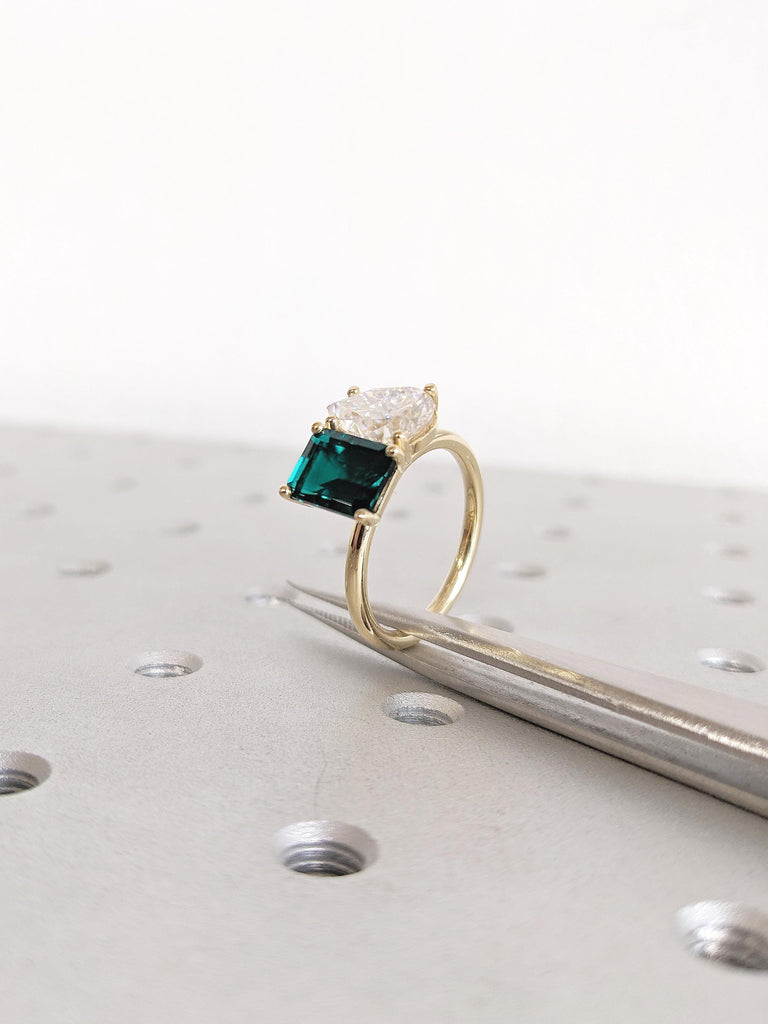 Two Stone Ring, 14k Gold Engagement Ring, Emerald Cut Lab Emerald Ring, Pear Moissanite Ring