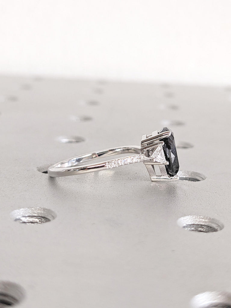 Pear Cut Salt and Pepper Diamond Engagement Ring, Trillion Cut Ring, 14k White Gold Promise Ring for Her, Vintage Diamond Ring, Bridal Ring
