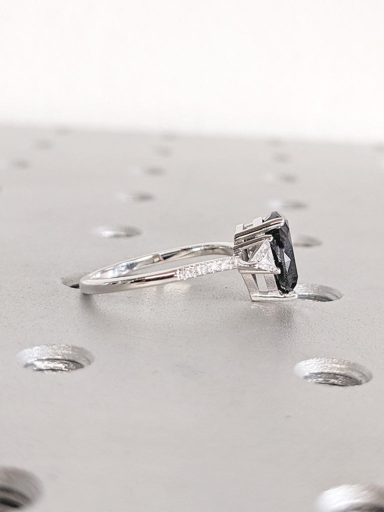Salt and Pepper Diamond Ring, 14k White Gold Engagement Ring, Round, Trillion, Pear Cut Ring