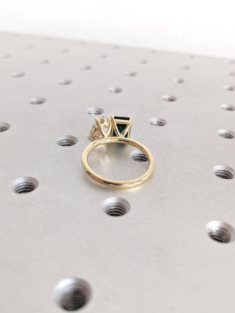 Two Stone Ring, 14k Gold Engagement Ring, Emerald Cut Lab Emerald Ring, Pear Moissanite Ring