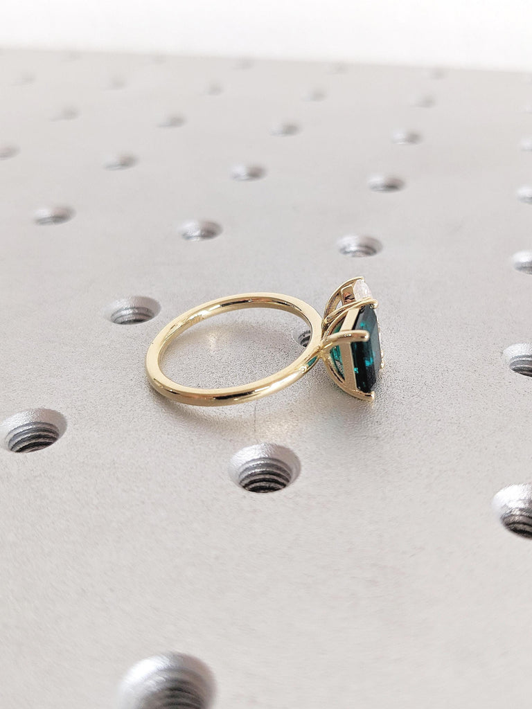 Two Stone Ring, 14k Gold Engagement Ring, Emerald Cut Lab Emerald Ring, Pear Moissanite Ring