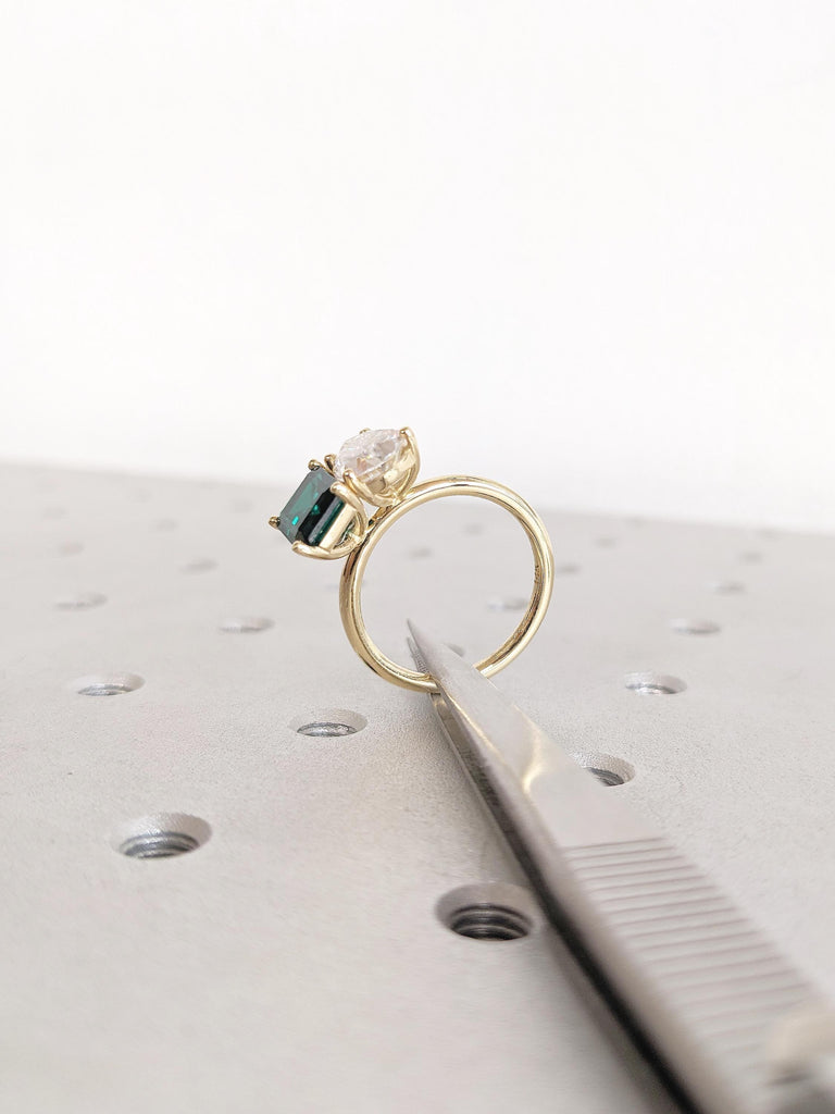 Two Stone Ring, 14k Gold Engagement Ring, Emerald Cut Lab Emerald Ring, Pear Moissanite Ring