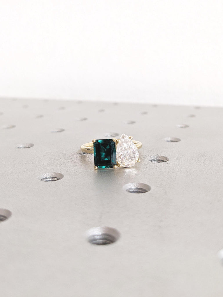 Toi et Moi Ring, 14k Yellow Gold Engagement Ring, Pear White Moissanite Ring