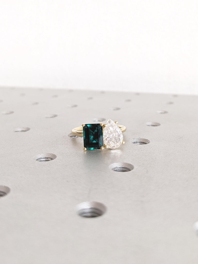 Emerald Cut Lab Emerald Ring, Pear Moissanite Ring