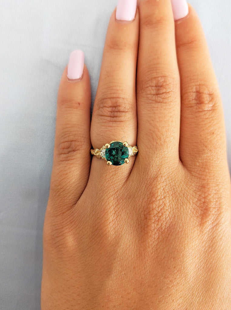 18k Solid Gold Engagement Ring, Round Lab Emerald Ring