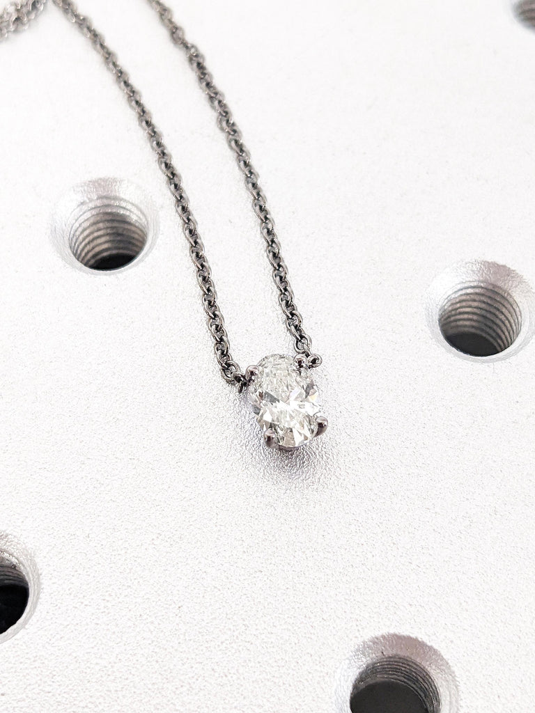 Classic Oval Cut Lab Diamond Solitaire Bridal Engagement Necklace, Custom 14K Solid Black Gold Women’s Pendant