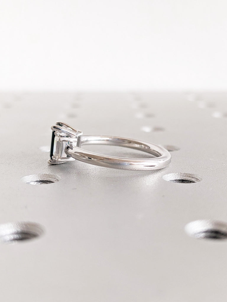 Green Emerald Engagement Ring: Art Deco 3 Stone Prong Setting with Trapezoid Moissanite in 14K White Gold