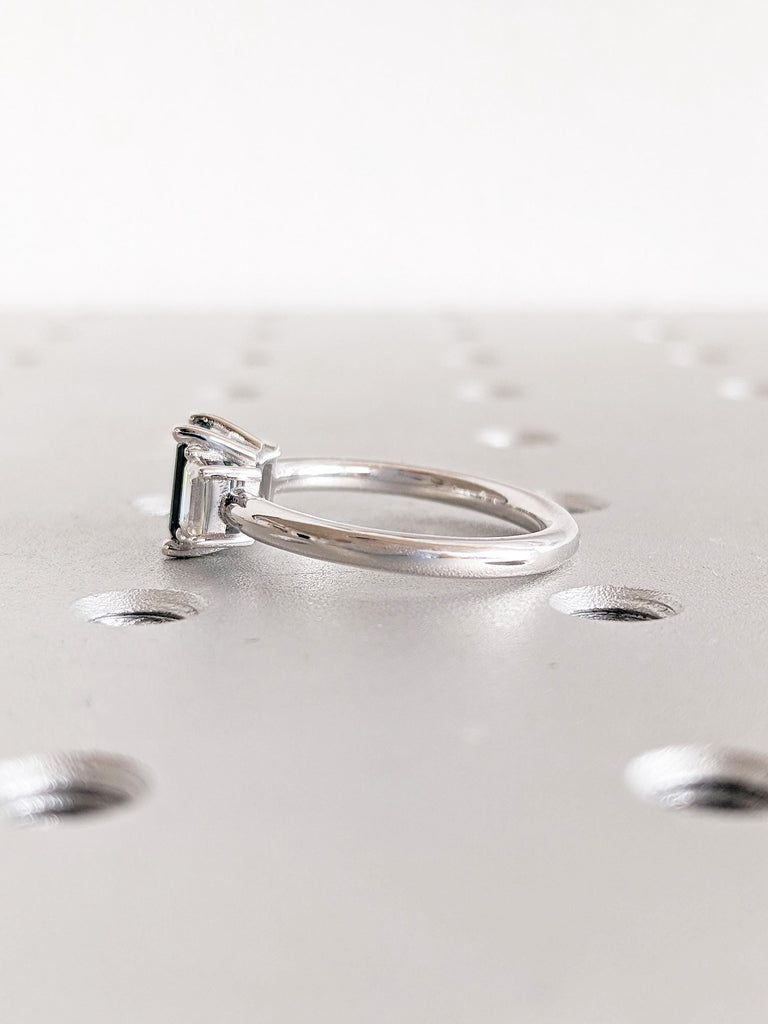 Art Deco Style Green Emerald Engagement Ring, 3 Stone May Birthstone Ring with Trapezoid Moissanite, 14K White Gold Band, Prong Set Trellis