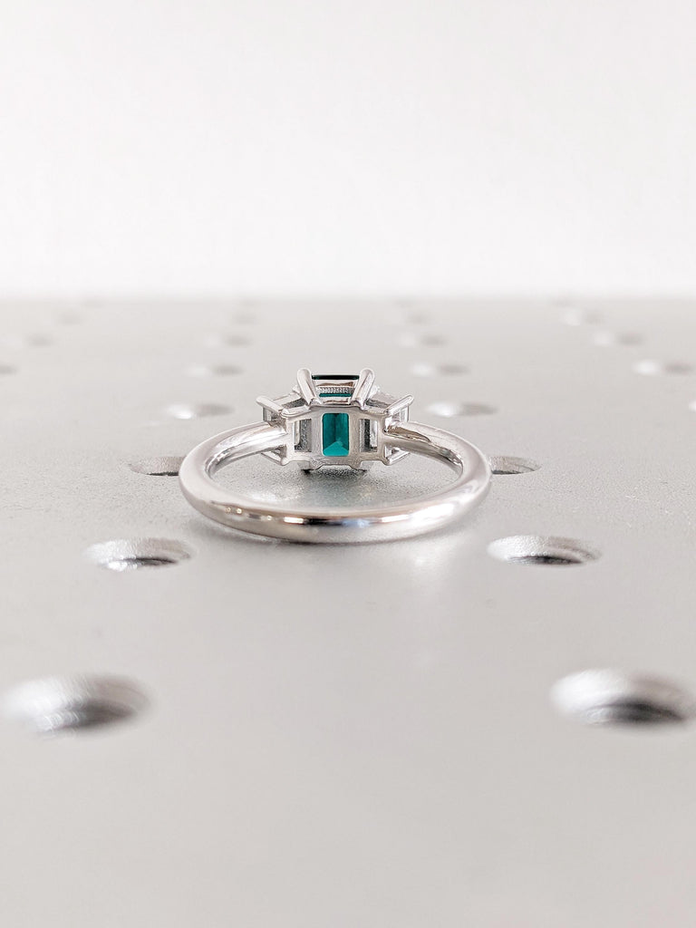Green Emerald Engagement Ring: Art Deco 3 Stone Prong Setting with Trapezoid Moissanite in 14K White Gold