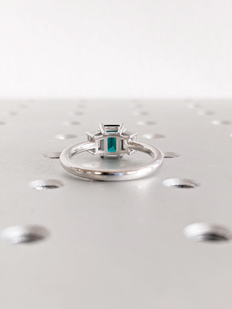 Art Deco Style Green Emerald Engagement Ring, 3 Stone May Birthstone Ring with Trapezoid Moissanite, 14K White Gold Band, Prong Set Trellis