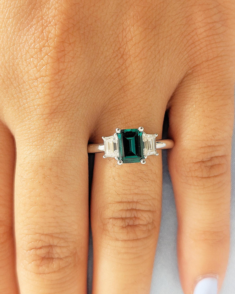 Art Deco Style Green Emerald Engagement Ring, 3 Stone May Birthstone Ring with Trapezoid Moissanite, 14K White Gold Band, Prong Set Trellis
