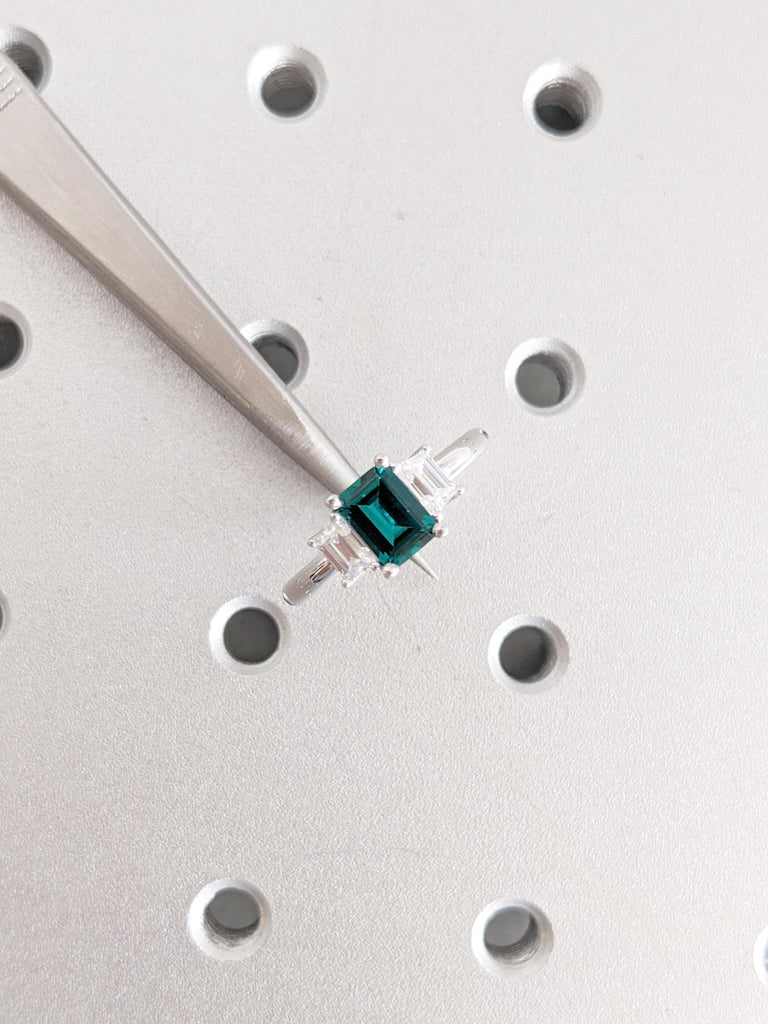 Green Emerald Engagement Ring: Art Deco 3 Stone Prong Setting with Trapezoid Moissanite in 14K White Gold